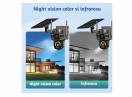 Cameră de supraveghere 4G cu panou solar, 4 camere, zoom optic 10X, detecție umană PIR, LED-uri IR și alarmă, rotație 355°/90°, rezistență la apă IP66, control prin aplicație, sistem CCTV securizat.